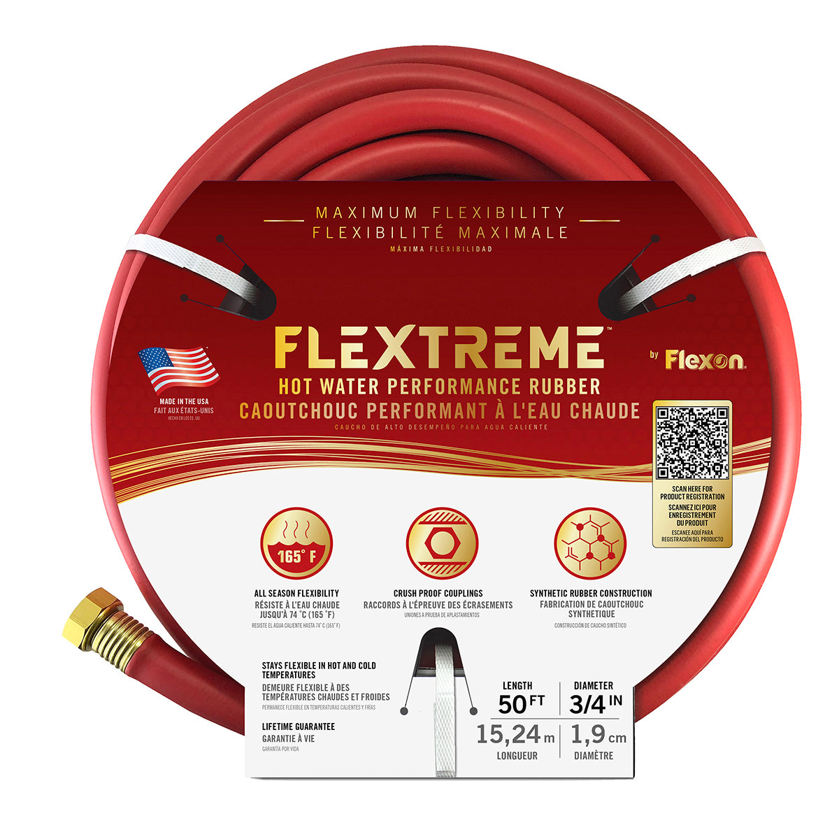 Red Flextreme garden hose with packaging on a white background