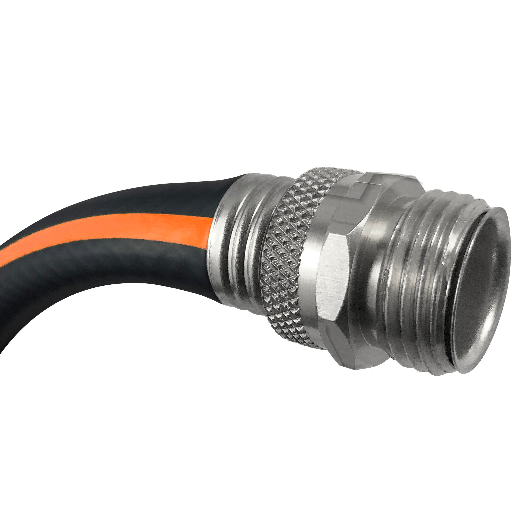 Metal hose fitting with black and orange cable on a white background
