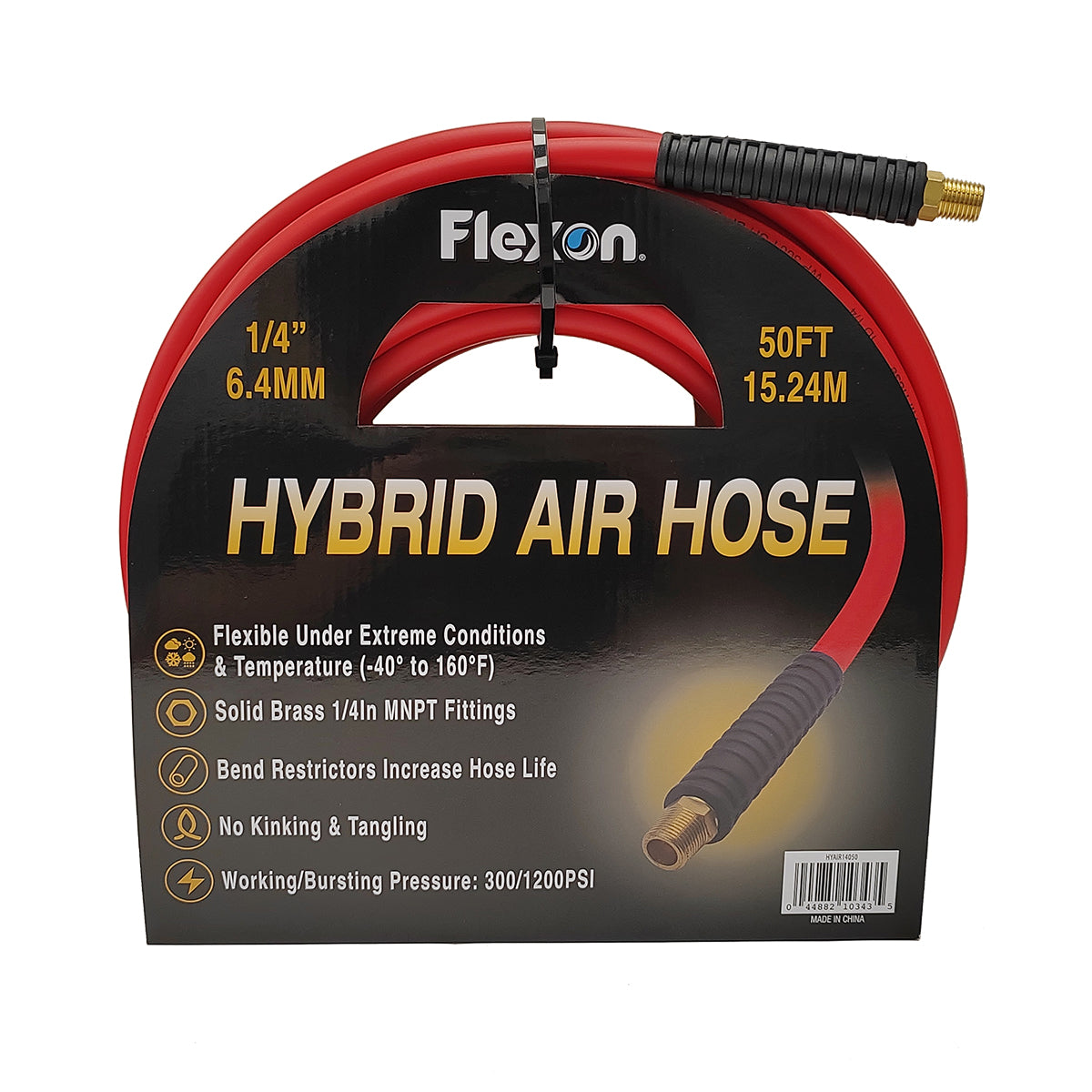 red hybrid polymer air hose with brass fittings and black soft grip handles coiled on white background