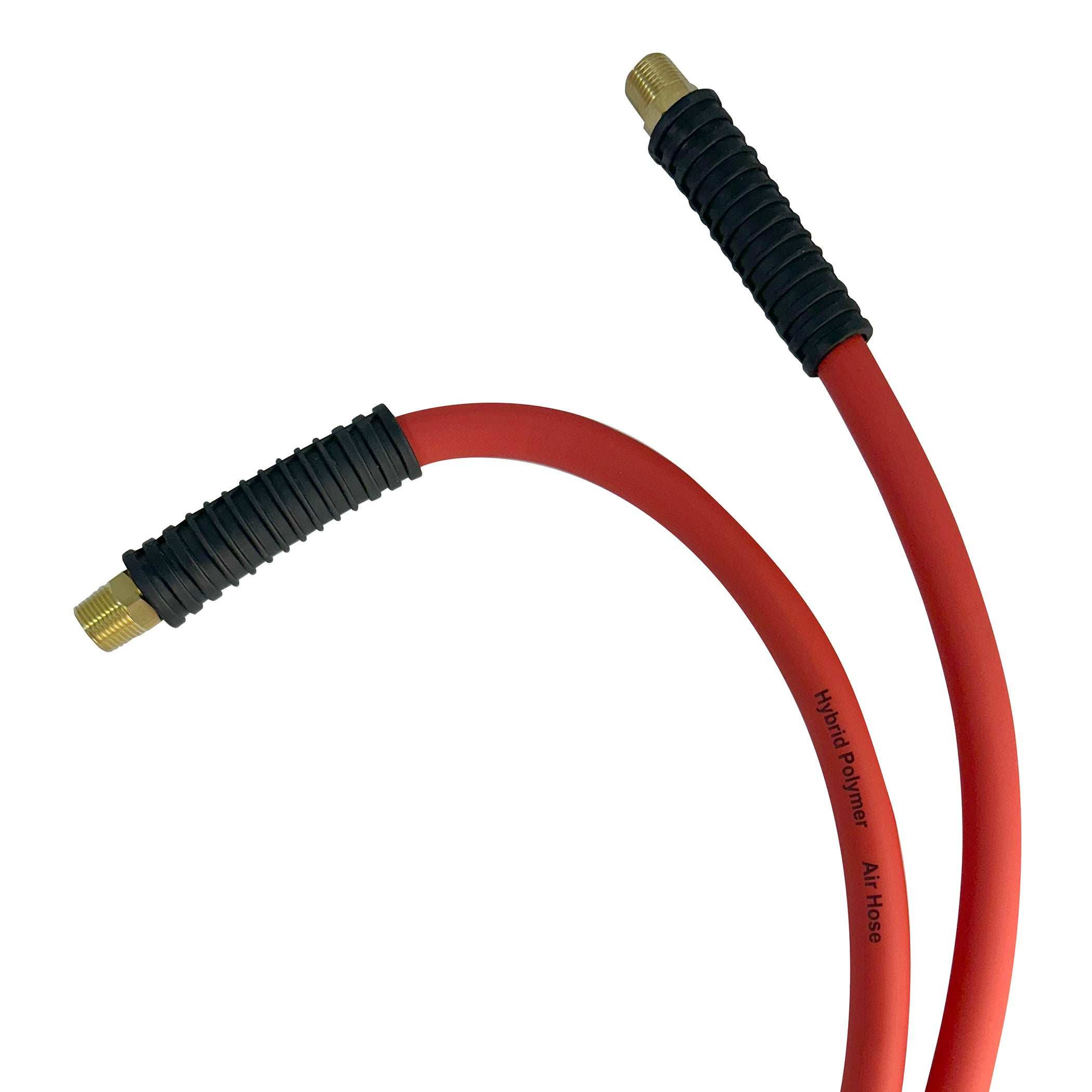 red hybrid polymer air hose with brass fittings and black soft grip handles coiled on white background