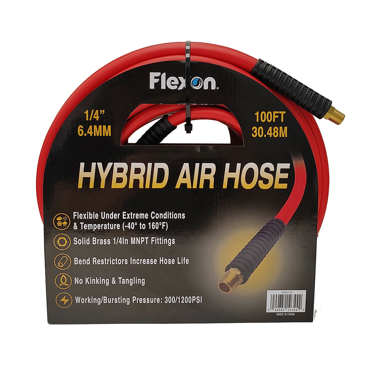 Packaging for a red Hybrid Air Hose with solid brass MNPT fittings, black revolving grips, and text highlighting features such as extreme conditions, no kinking, and tangling.