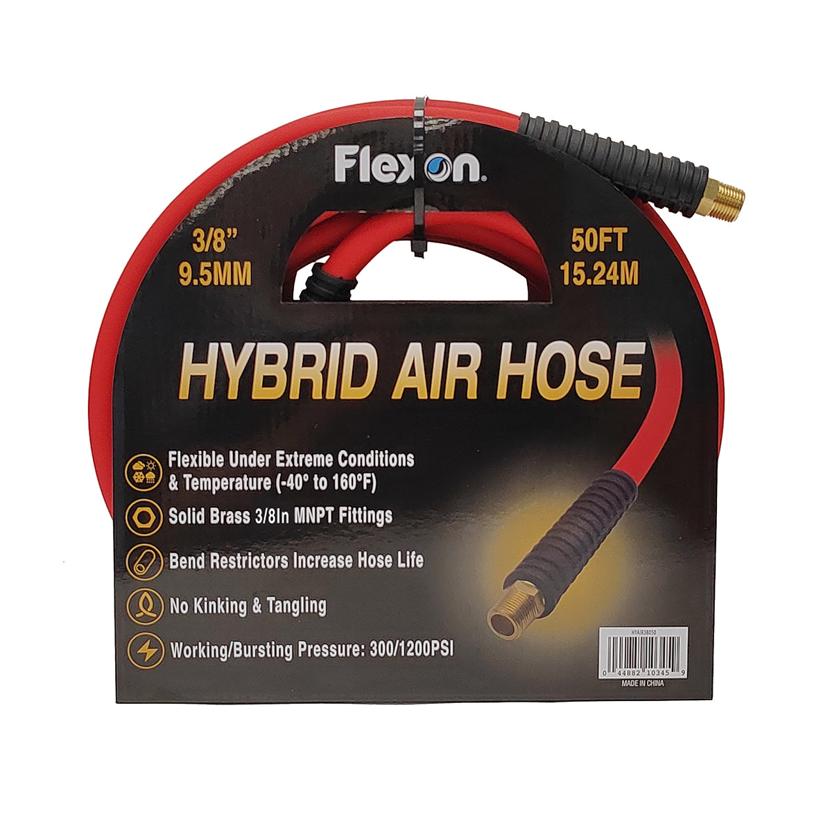 red hybrid polymer air hose with brass fittings and black soft grip handles coiled on white background