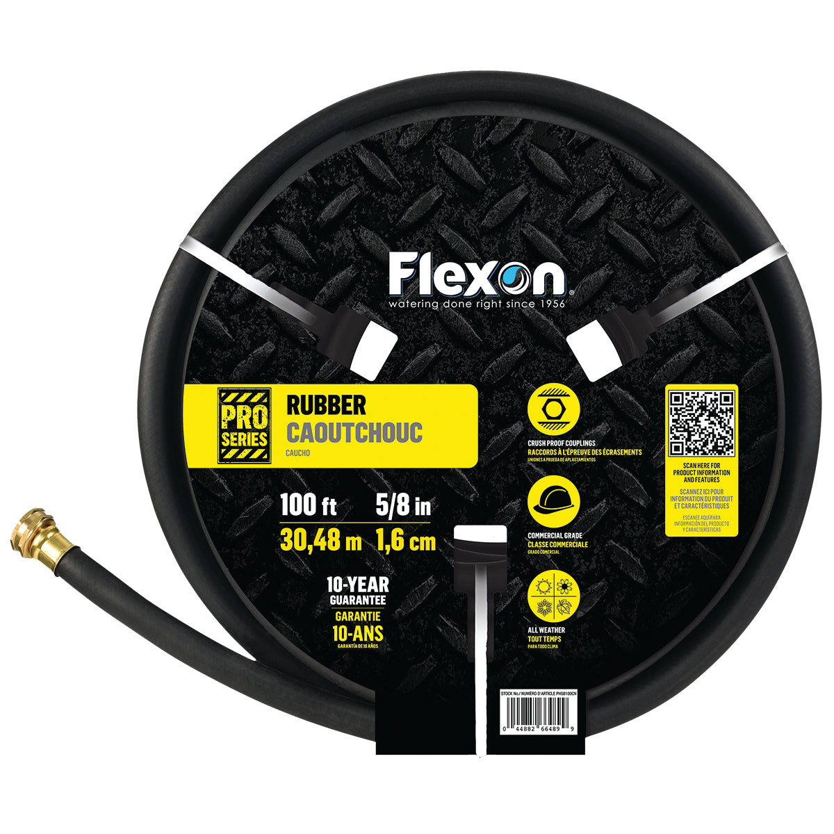 Black garden hose with Flexon branding on a white background