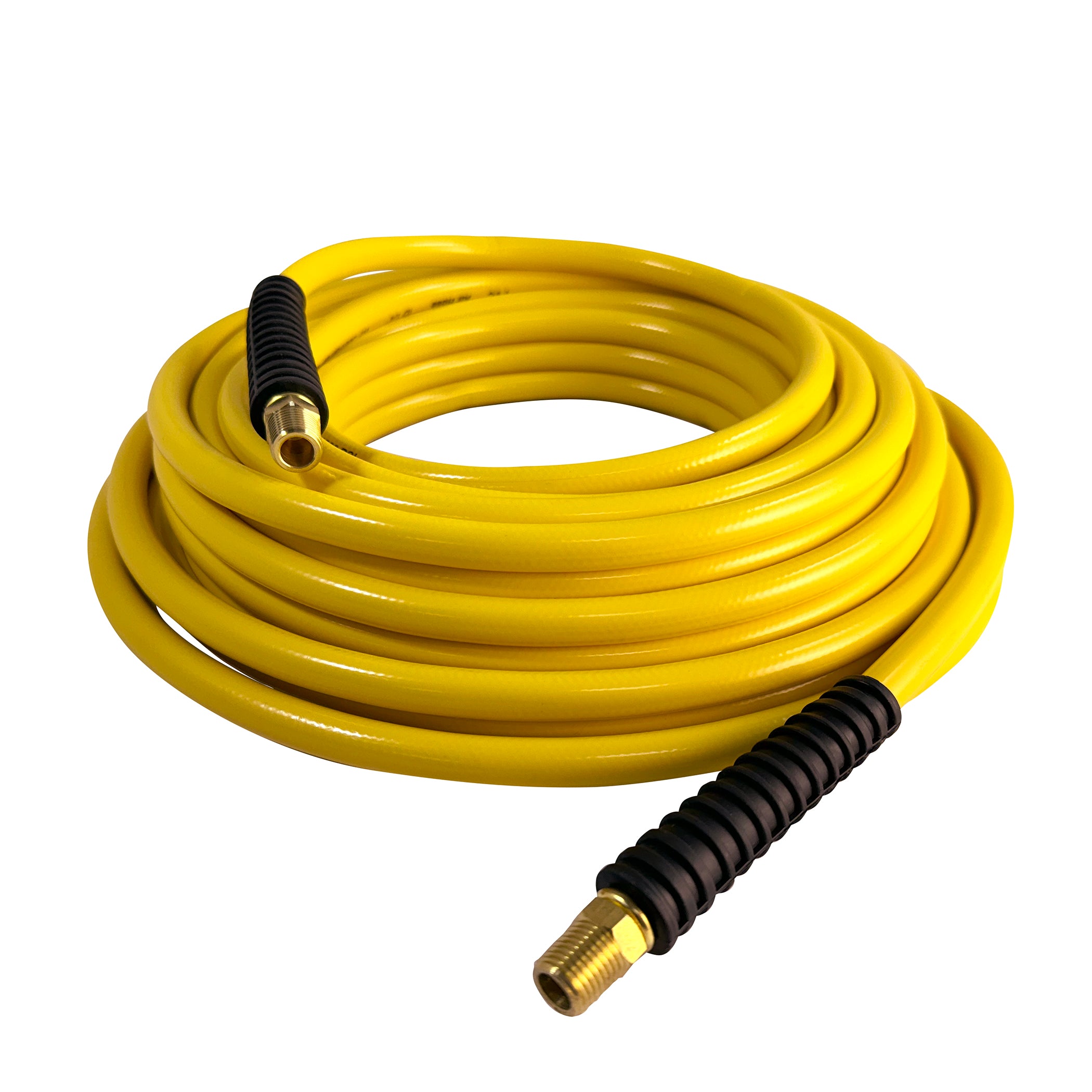 PVC air hose coiled on white background