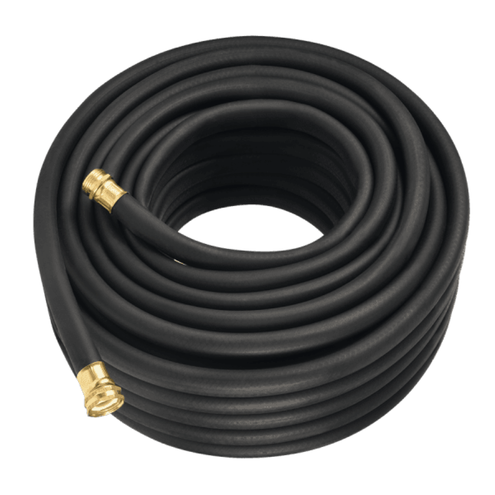 Coiled black garden hose with brass connectors on a white background
