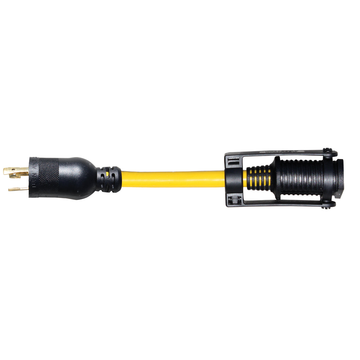 A black 12 gauge locking plug to U-ground connector with a yellow cable and a male L5-20 plug on one end, and a female 5-15 receptacle on the other.