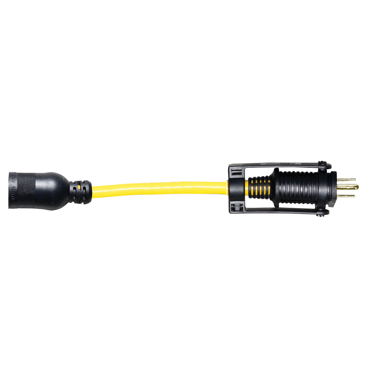 yellow extension cord adapter with black plugs on white background