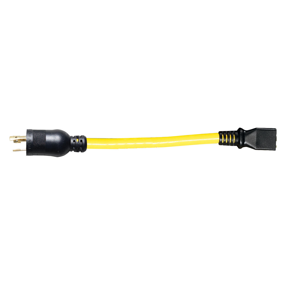 yellow extension cord adapter with black plugs on white background