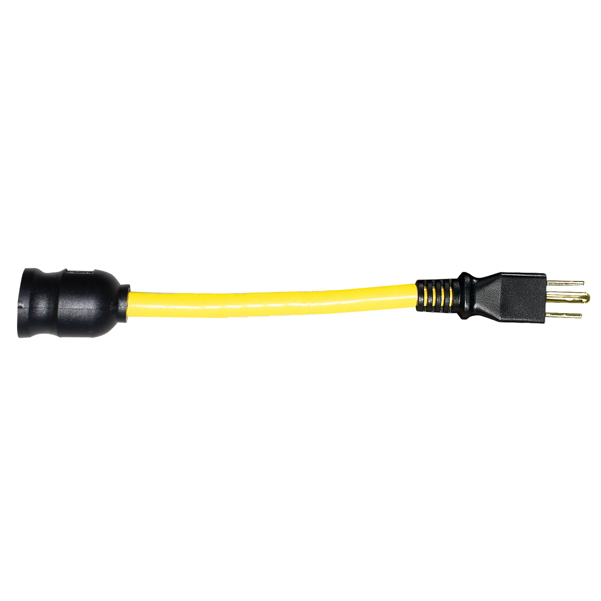 yellow extension cord adapter with black plugs on white background