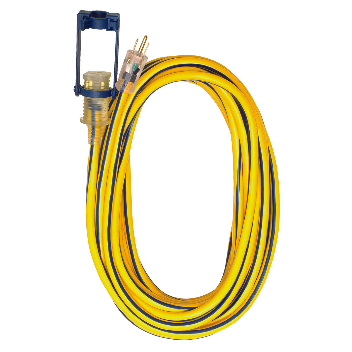 Yellow coiled extension cord with black plugs