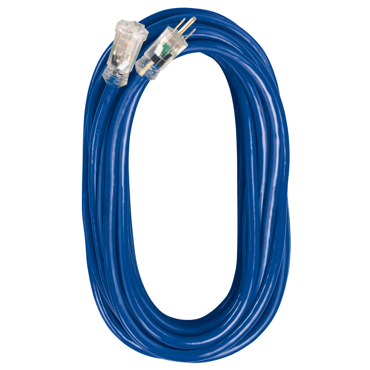A blue SJTW extension cord with lighted ends and a 5-15 plug.