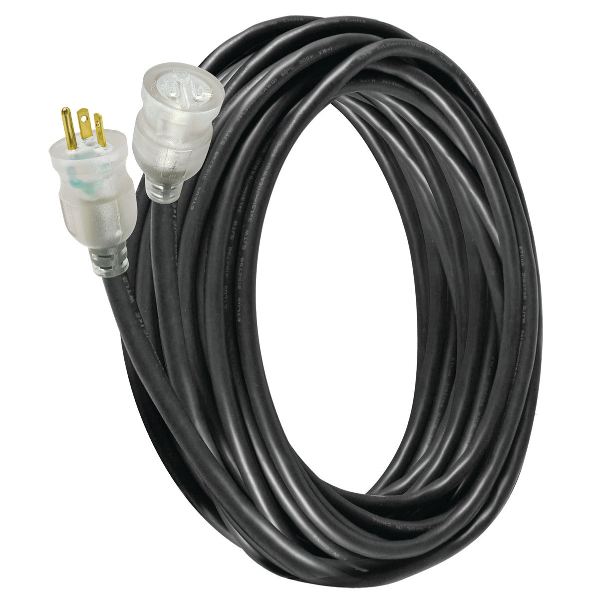 black extension cord with clear plug on a white background