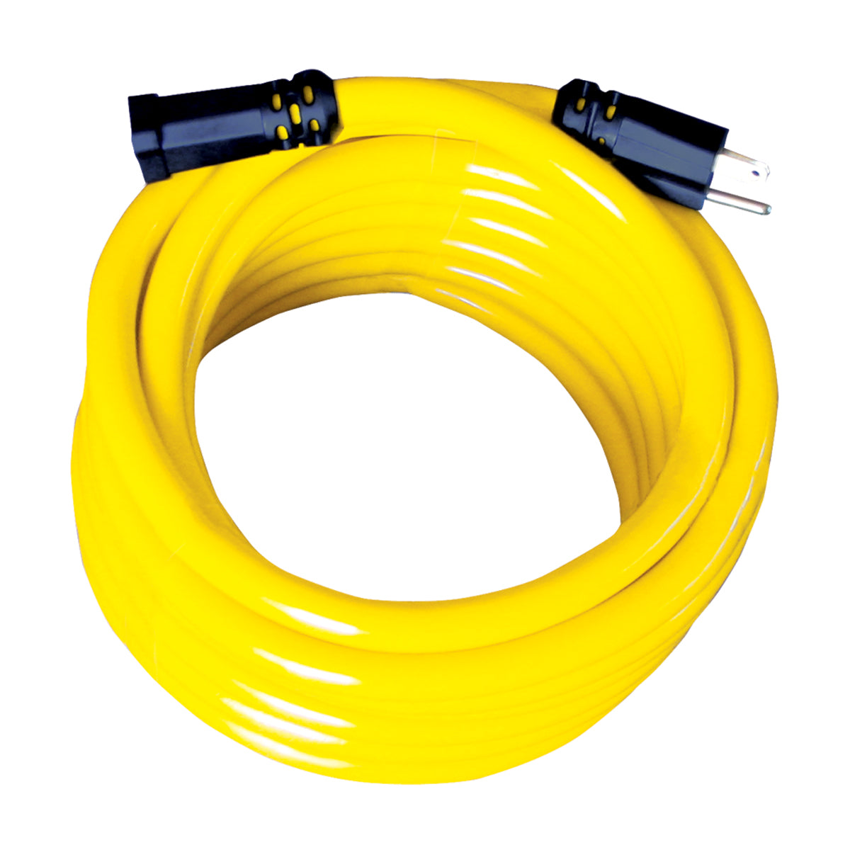 A coiled yellow extension cord with a blue plug.