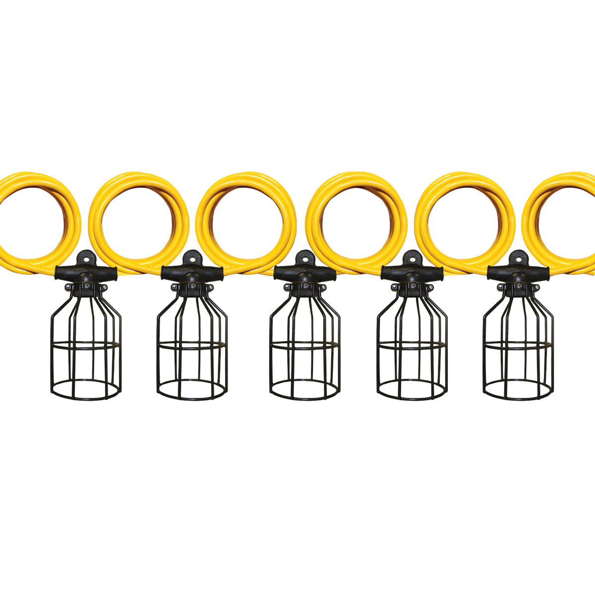 A black metal cage with yellow electrical wires and a plug, designed for carrying electrical power to and from job sites.