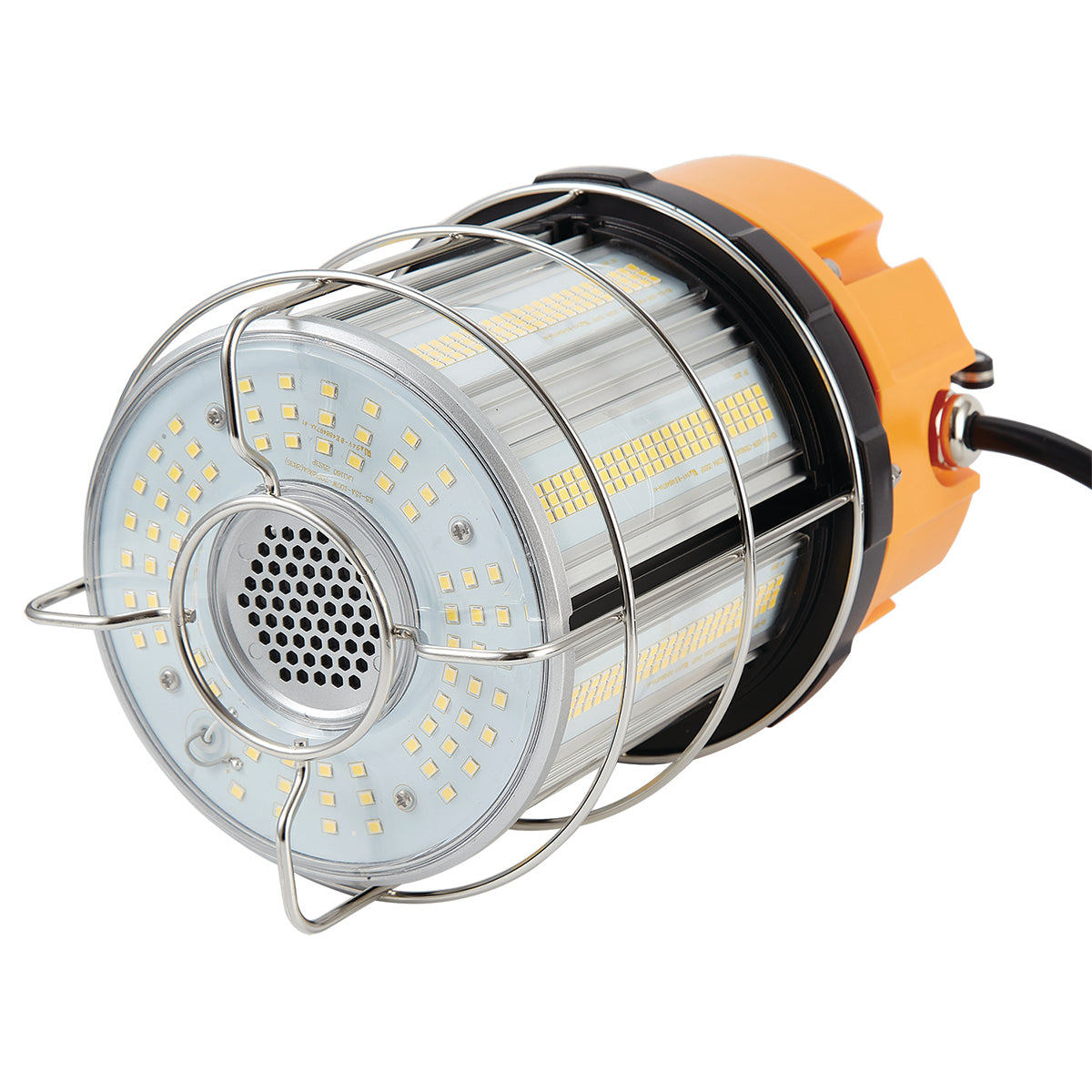 Portable LED work light with an orange housing on top, a black base, and a heavy duty metal spring hook. It includes a power cord with a plug.