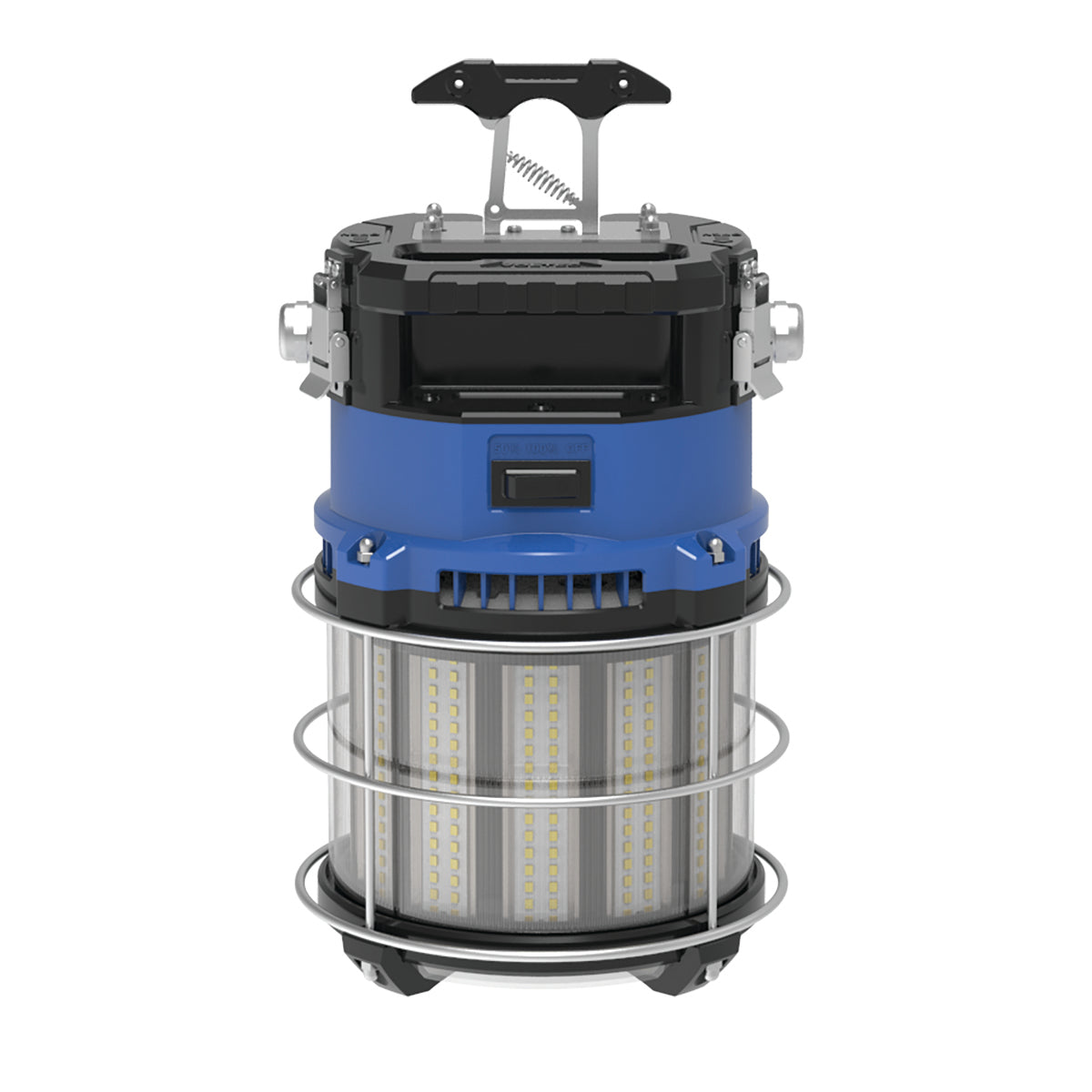 A portable LED area work light with a blue and black housing, featuring a metal spring hook and various latches for adjustability.