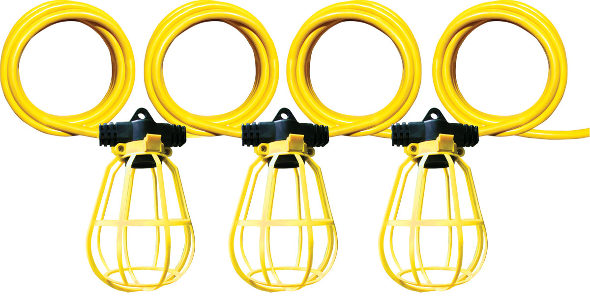A yellow plastic cage with a black electrical connector and multiple yellow electrical wires with metal connectors.