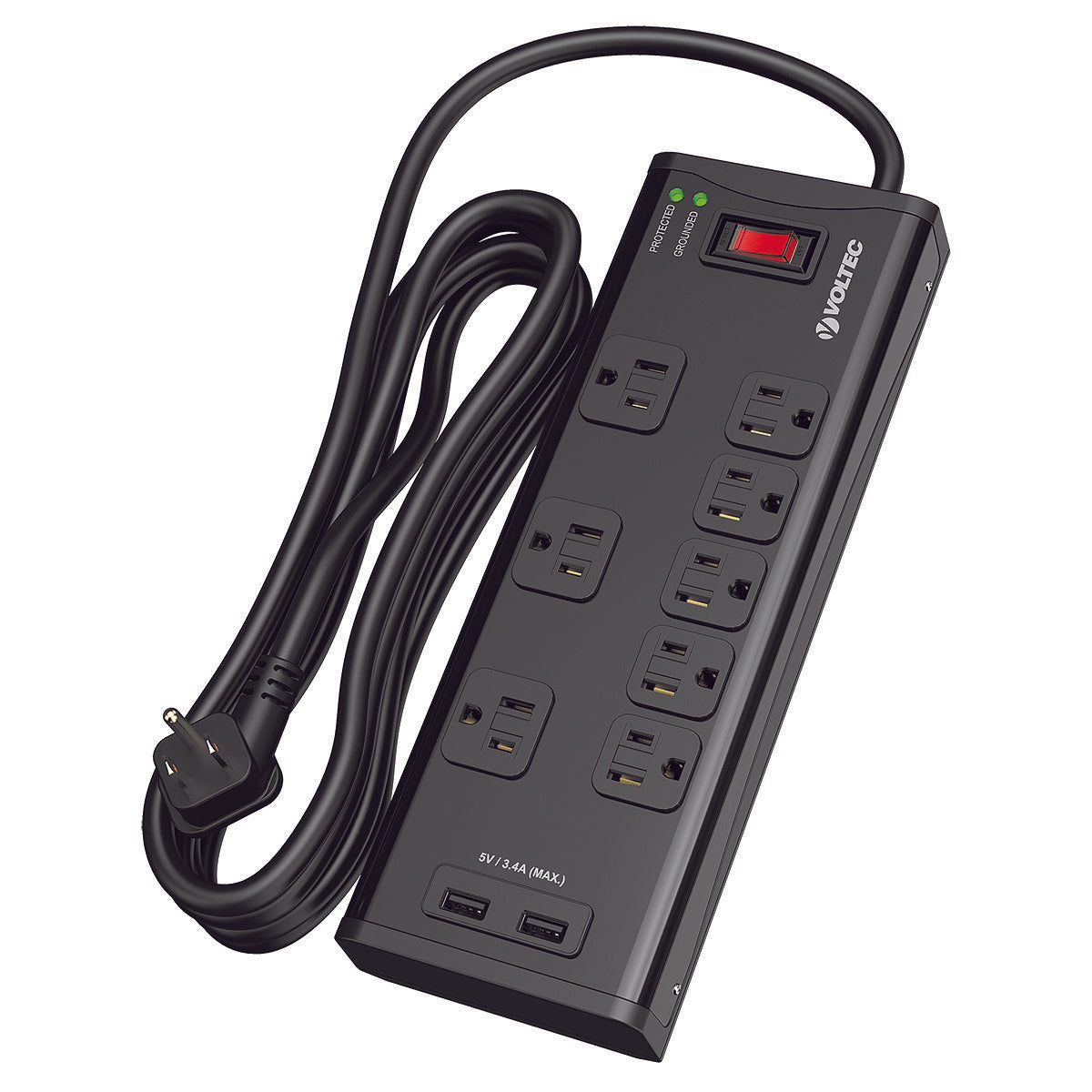 An 8-outlet power strip with two USB ports, a green lighted on/off switch, and a black low-profile plug.