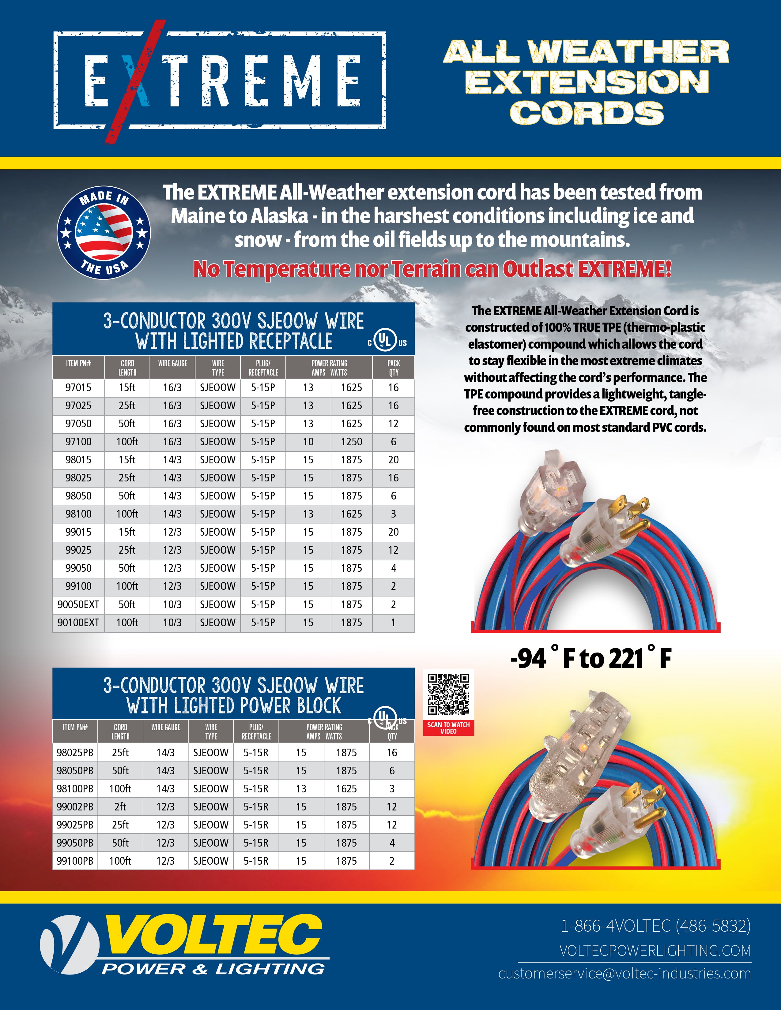 Voltec 10/3 Gauge Extreme Cold Weather Extension Cords – Heavy-Duty, 220°F to - 94°F Rating, Lighted Plug, SJEOOW