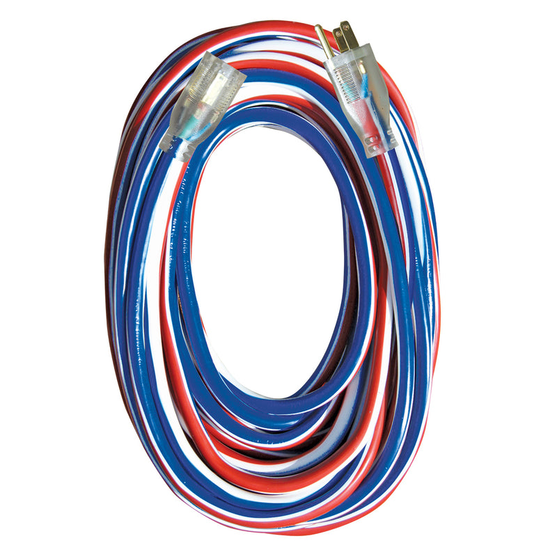 Cables de extensión 12/3 rojo, blanco y azul con extremo iluminado
