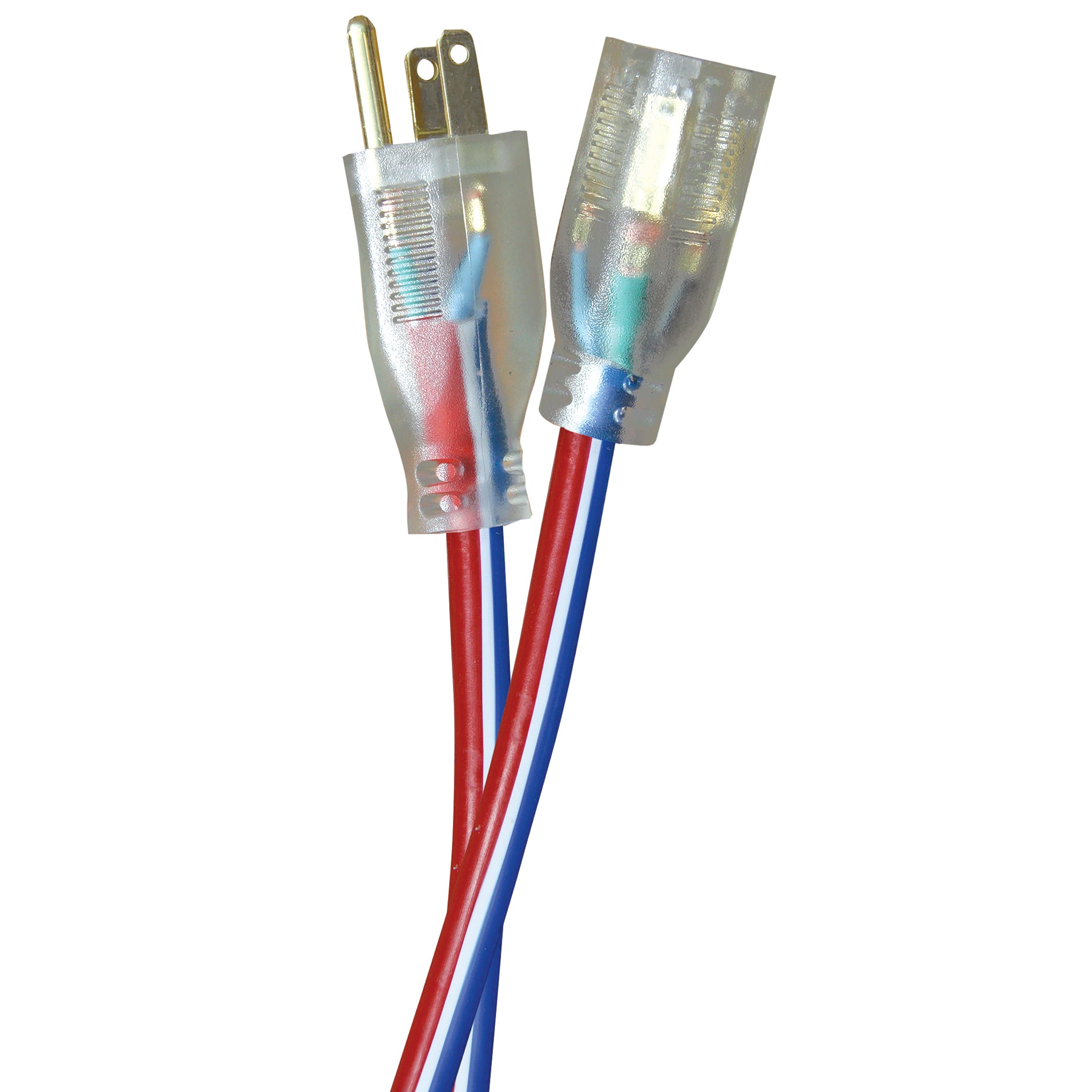 A coiled red, white, and blue colored extension cord with lighted ends.