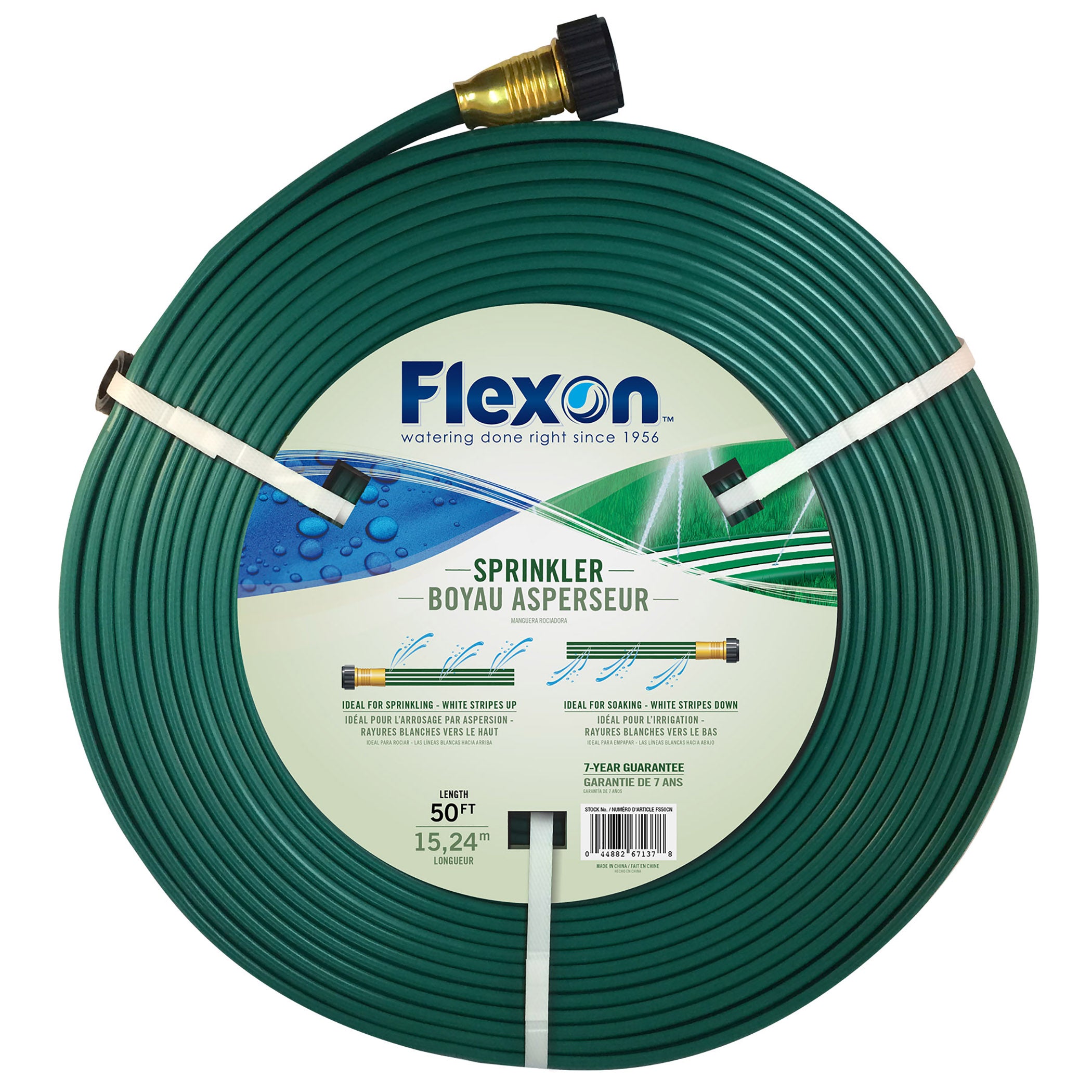 A coiled green sprinkler hose with white stripes and a label displaying the brand 'Flexon' and the product name 'Sprinkler Boyau Aspirateur'.