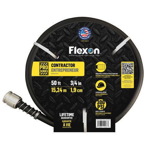 A black heavy-duty contractor grade water hose with yellow and white labeling that includes the brand Flex-On and product details.