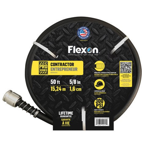 A black heavy-duty contractor grade water hose with yellow and white labeling that includes the brand Flex-On and product details.