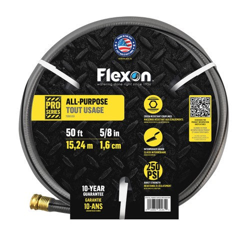 A black intermediate duty contractor grade water hose with brass crushproof couplings and a label indicating it is made in the USA with a lifetime warranty of 10 years.